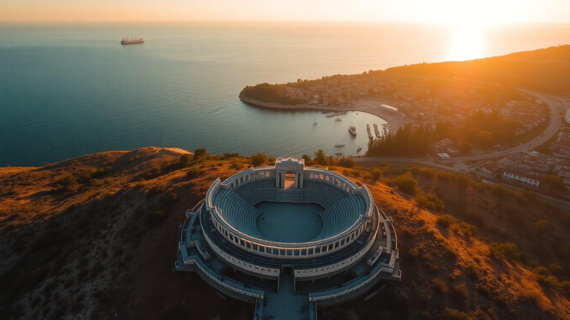 Pogled iz zraka na pulsku Arenu i jadransku obalu u zlatnim satima